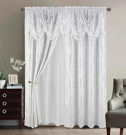 GLORY RUGS Jacquard Luxury Window 2 Panel Set White Curtain with Attached Valance and Backing Bedroom Living Room Dining 2 Curtains 55x84 inches Each Jana