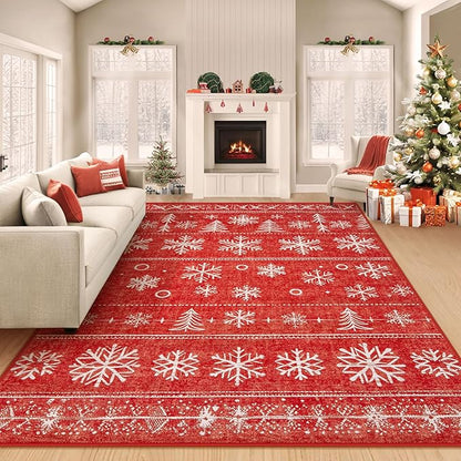Christmas Area Rug 6x9 Rugs: Washable Living Room Rug Xmas Holiday Decor Rugs Snowflake Low Pile Boho Rug Indoor Floor Carpet for Bedroom Kitchen Dining Room Home(Xmas Red, 6'x9')