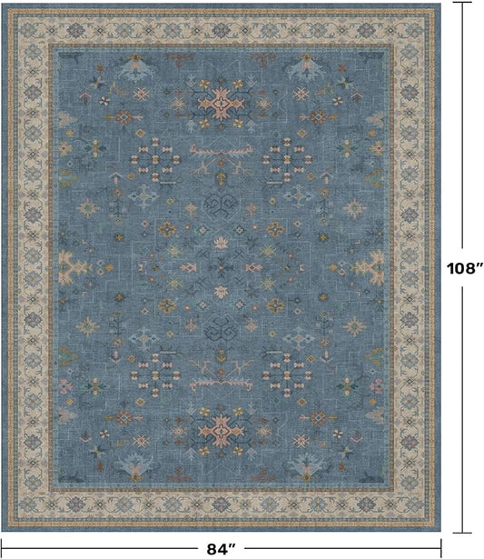 Boho 7x9 Living Room Rugs - Modern Dark Blue Dining Room Rug for Under Table, Lightweight Washable Foldable Low Pile Carpet, Eclectic Floral Bedroom Décor Aesthetic