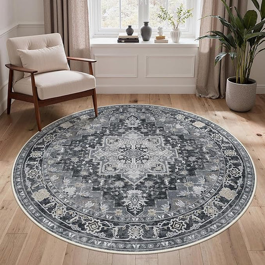 GENIMO 5FT Round Area Rugs for Living Room, Circle Rugs Machine Washable Low Pile, Chenille Non Slip Vintage Rug for Bedroom, Dining Room, Home Office, Charcoal Brown