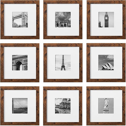 eletecpro 8x8 Picture Frames Set of 9 Classic Gallery Wall Frame Set Displays 4x4 Photo with Mat or 8x8 without Mat, Square Picture Frames Collage Wall Decor, Rustic Brown Modern Home Decor for