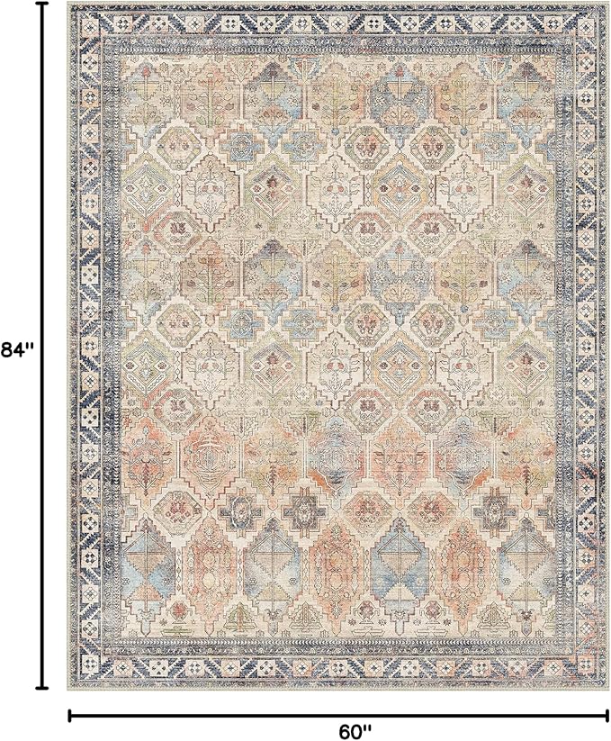 Bavni Washable Rug 5x7 Area Rug for Living Room Bedroom Dining, Washable Vintage Print Carpet, Ultra-Thin Low Pile Lightweight Rug with Non Slip Backing, Multi Beige