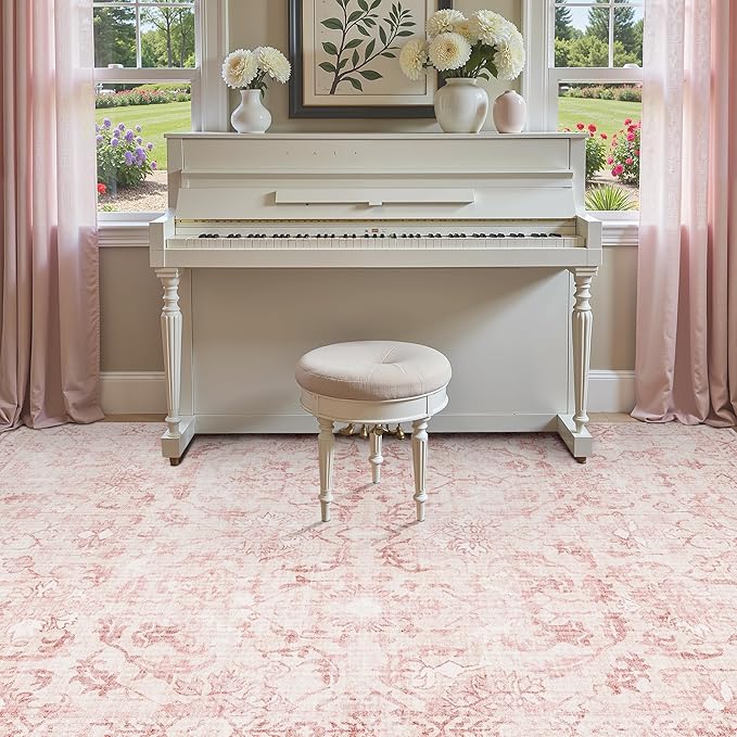 Pink Vintage Area Rug 4x6 for Living Room Bedroom, Washable Distressed Farmhouse Soft Thin Non-Shedding Indoor Throw Rug, Traditional Accent Carpet for Bedroom Office