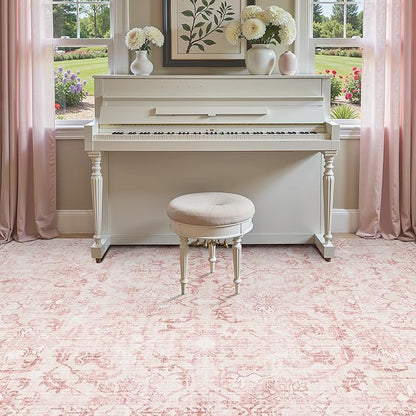 Pink Vintage Area Rug 4x6 for Living Room Bedroom, Washable Distressed Farmhouse Soft Thin Non-Shedding Indoor Throw Rug, Traditional Accent Carpet for Bedroom Office