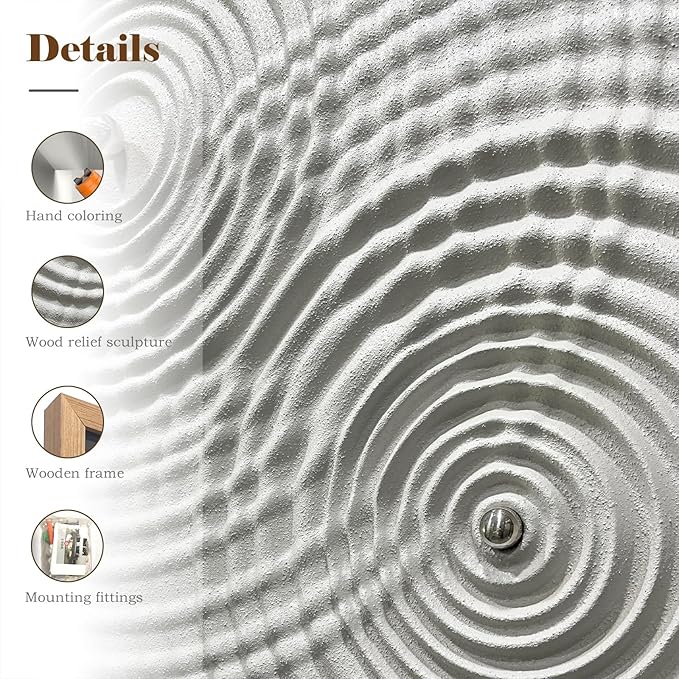 BrightA Modern Wave Texture Wood Wall Art with Silver Metal Sphere, Light Gray 3D Carved Panel for Living Room Bedroom Office Decor 27.5"x39.4"