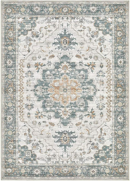 EIEIHOUSE Washable Area Rugs for Living Room - 7x9 Neutral Vintage Distressed Floral Farmhouse Boho Large Soft Floor Rug Indoor Non Slip Carpet for Living Room Bedroom Dining Room Office - Green/Grey