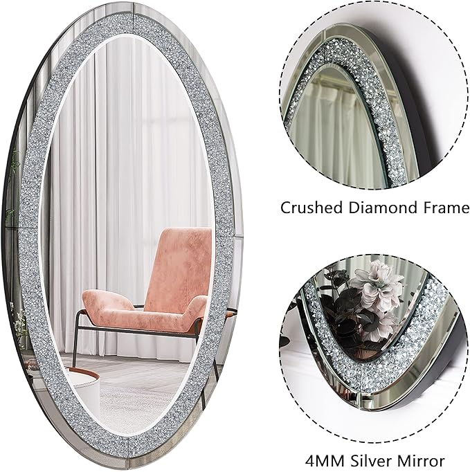SHYFOY Oval Wall Mirror 36"x23", Frameless Crystal Accent Mirror with Crushed Diamond Border, Silver Glass Decorative Mirror for Bathroom Bedroom Entryway Fireplace Mantel
