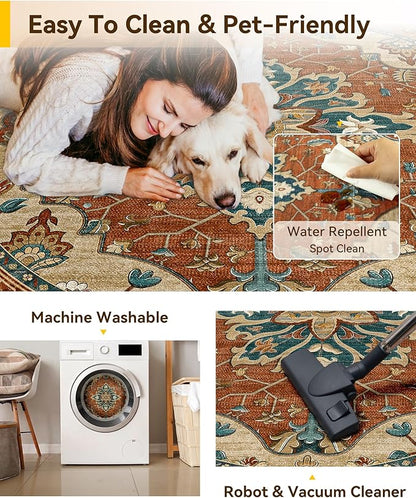 RELEANY Area Rugs Round 4ft Washable Non-Slip, Floral Vintage Distress Print Pattern Medallion Carpet for Living Room Bedroom Dining Room, Red Orange Blue Brown