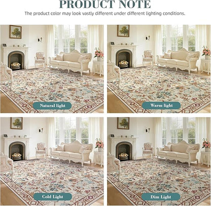 Deerly Beige Colorful Rugs 8x10 for Living Room Soft Non-Slip, Large Vintage Floral Area Rug Retro Tribal Farmhouse Stain Resistant Carpet for Bedroom Dining Room Office Guest Room