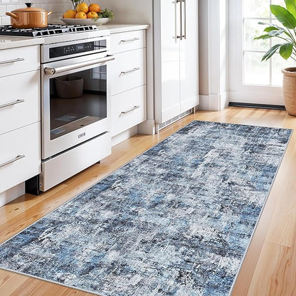 3x7 Washable Non-Slip Kitchen Runner Rug – Modern Abstract Neutral Beige & Gray Carpet for Hallway, Entryway, Bedroom, Laundry Room – Low-Pile Thin Wide Floor Runner with Rubber Backing（Blue）