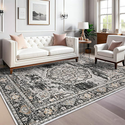 Washable Rugs 7x9 Area Rug：Large Rugs for Living Room - Oriential Distressed Printed Floral Carpet - Non Slip with Rubber Backing Area Rug 7'x9' Black