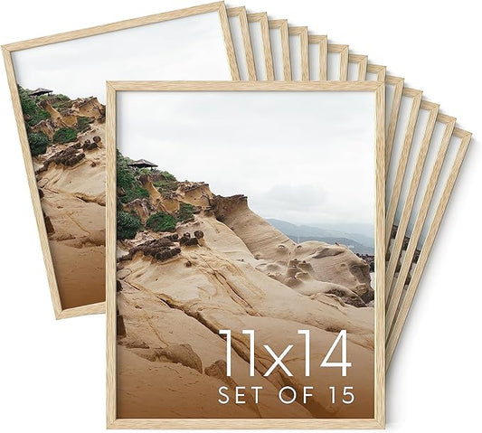 Haus and Hues 11x14 Natural Oak Wood Picture Frames Set of 15 - Premium Bulk Picture Frames 11x14 Bundle - Elegant Gallery Wall Frame Set for Posters, Art Display - Ideal for Wall Decor in Home &