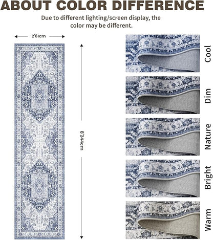 2x8 Washable Hallway Runner Rug - Kitchen Rugs with Non Slip Backing Vintage Soft Farmhouse Entryway Mat for Living Room Laundry Bedroom Bathroom Navy/Blue