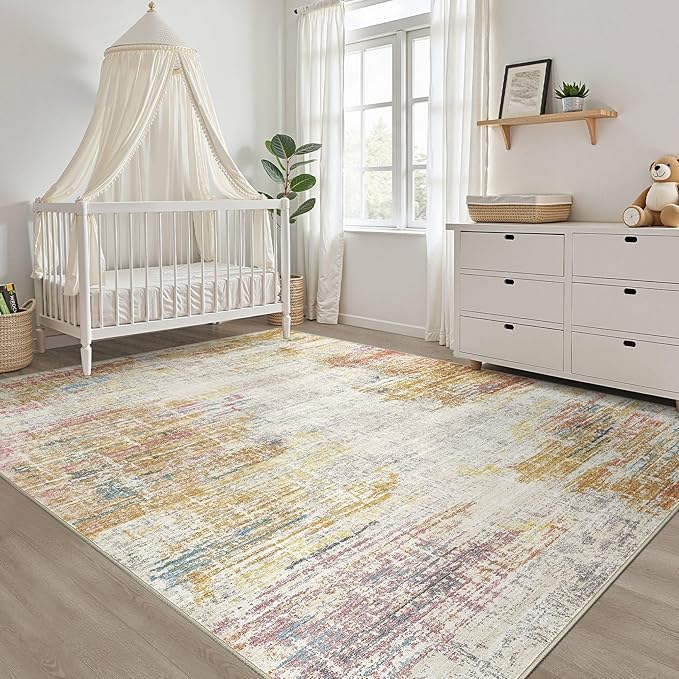 9x12 Area Rugs Living Room: Washable Large Neutral Rug Abstract Soft Modern Stain Resistant Indoor Floor Non-Slip Carpet for Bedroom Nursery Kids Classroom Playroom Dining Room Office- Gold Colorful