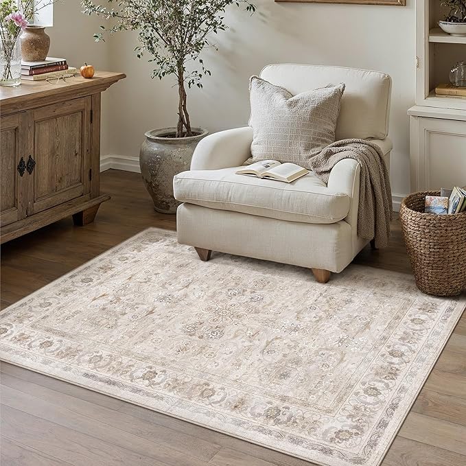 PureCozy 3x5 Area Rug Entryway Beige Washable Vintage Carpet Office Small Indoor Non Slip Soft Low Pile Thin Stain Resistant Distressed Accent Throw Rug for Entrance Bedroom Dining Living Room