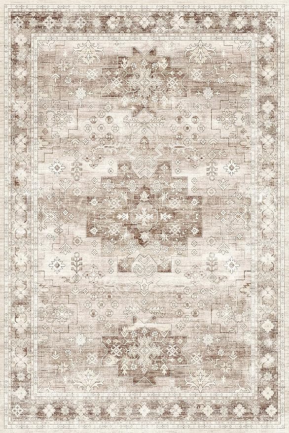 Hazo Haus Washable Neutral Farmhouse Living Room Rug, 4x6 Area Rugs for Bedroom, Nursery Room, Boho Vintage Floral Non-Slip Rug Low Pile Stain Resistant (4x6 Beige/Latte)