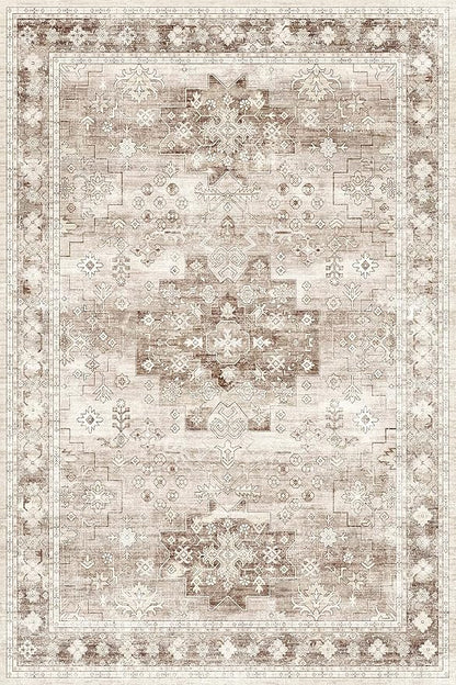 Hazo Haus Washable Neutral Farmhouse Living Room Rug, 4x6 Area Rugs for Bedroom, Nursery Room, Boho Vintage Floral Non-Slip Rug Low Pile Stain Resistant (4x6 Beige/Latte)