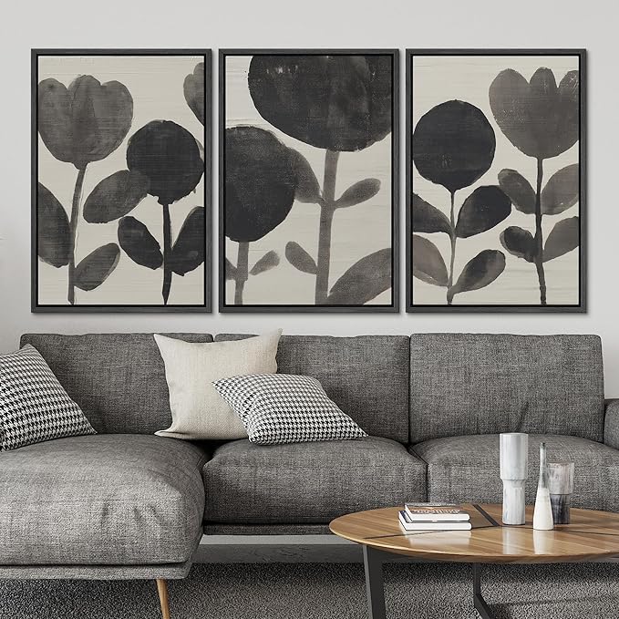 SIGNLEADER Framed Canvas Print Wall Art Set Black Ink Floral Silhouette Neutral Illustrations Minimal Decorative Bohemian Nordic for Living Room, Bedroom, Office - 16"x24"x3 BLACK