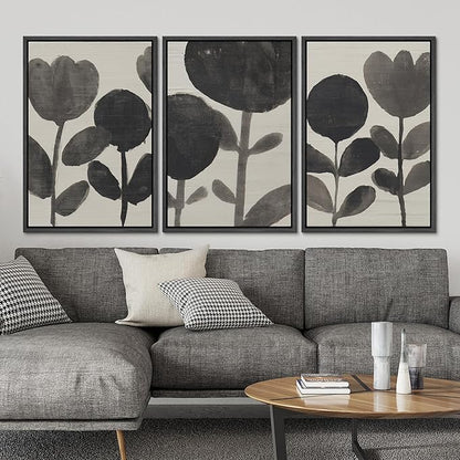 SIGNLEADER Framed Canvas Print Wall Art Set Black Ink Floral Silhouette Neutral Illustrations Minimal Decorative Bohemian Nordic for Living Room, Bedroom, Office - 16"x24"x3 BLACK