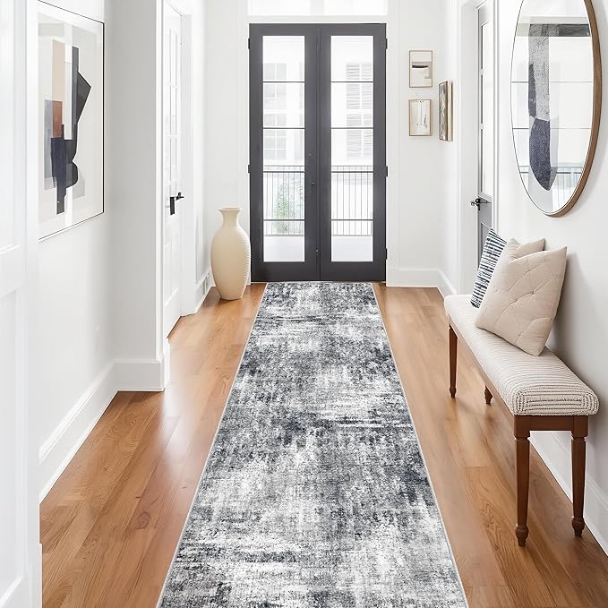 Grey Runner Rugs for Hallway: Abstract Washable Runner Rug 2x10 for Entryway Kitchen Bedroom Bathroom - Modern Cozy Home Decor Long Carpet Mat Stain-Resistant - Dark Grey