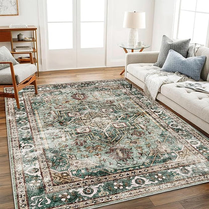 CHAMPLANT 3'x5' Vintage Washable Thin Green Area Rug Tangerine Traditional Floor Cover Foldable Indoor Distressed Non Slip Carpet Floral Print Mat Bedroom Living Room Bathroom