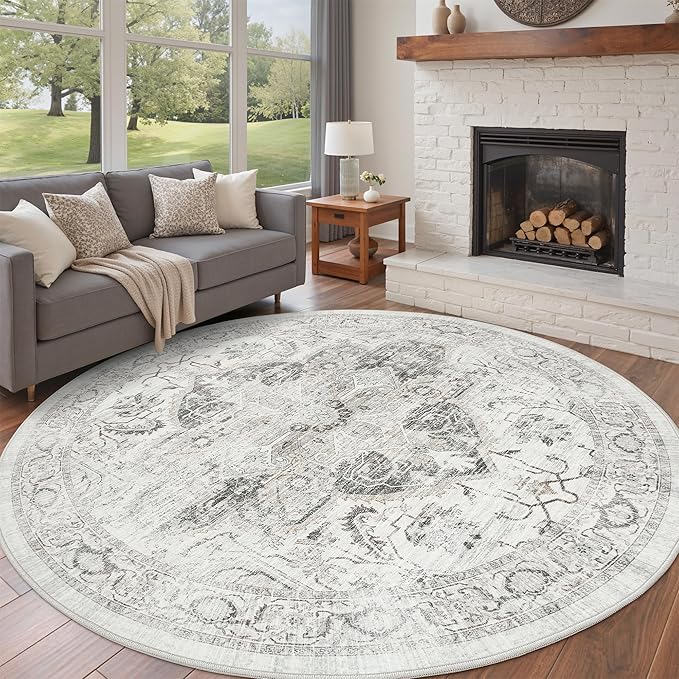 Washable 6ft Round Area Rug - Vintage Non-Slip Circle Rugs for Living Room, Low-Pile Stain Resistant Round Indoor Carpet for Bedroom Dining Room Ivory/Gray