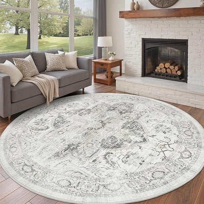 Washable 6ft Round Area Rug - Vintage Non-Slip Circle Rugs for Living Room, Low-Pile Stain Resistant Round Indoor Carpet for Bedroom Dining Room Ivory/Gray