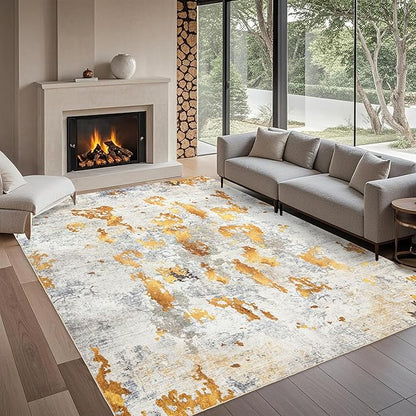 Washable 6x9 Area Rug: Modern Large Rugs for Living Room Dining Room Bedroom Office Indoor - Non-Slip Carpet Home Decor - 6x9 Orange Gold Grey