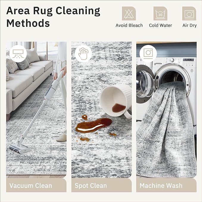 Soalmost 8x8 Grey Round Rug 8ft Living Room Circle Rug Vintage Round Area Rug Non Slip Indoor Carpet for Apartment