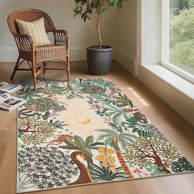 GarveeHome 3x5 Washable Area Rug for Bedroom, Jungle Animal Soft Tiger Rug Non Slip Low Pile Beige Carpet Stain Resistant Throw Rug for Bedside Kids Room Office Dining Room