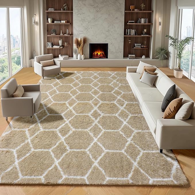 ONASAR Large Area Rugs for Living Room, Fluffy 7x10 Beige and White Thick Floor Rug for Bedroom Home Decor Aesthetic, Soft Fuzzy Shaggy Plush Geometric Carpet for Kids Teen Dorm Classroom Office