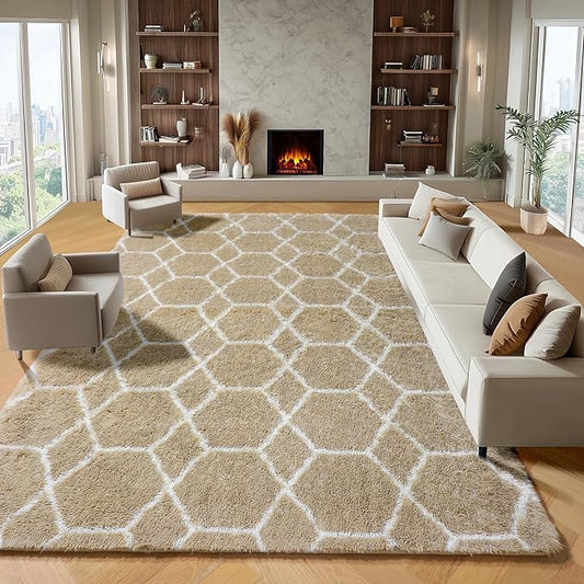 ONASAR Large Area Rugs for Living Room, Fluffy 7x10 Beige and White Thick Floor Rug for Bedroom Home Decor Aesthetic, Soft Fuzzy Shaggy Plush Geometric Carpet for Kids Teen Dorm Classroom Office