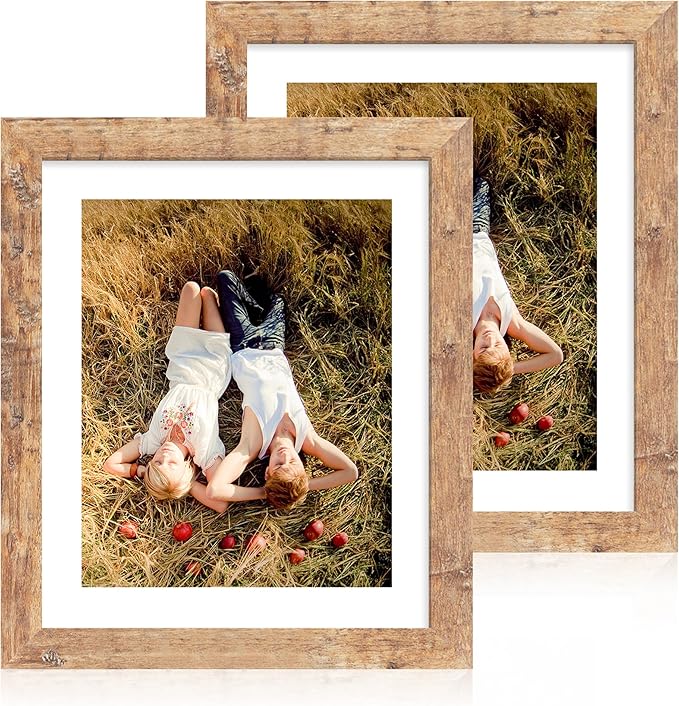 iRahmen 10x12 Picture Frame with Mat 8x10 - High Definition Tempered Glass Wooden Photo Frames for Tabletop Display and Wall Mounting (Rustic Brown, Set of 2)
