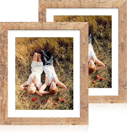 iRahmen 10x12 Picture Frame with Mat 8x10 - High Definition Tempered Glass Wooden Photo Frames for Tabletop Display and Wall Mounting (Rustic Brown, Set of 2)