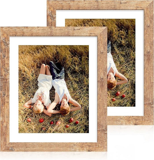 iRahmen 10x12 Picture Frame with Mat 8x10 - High Definition Tempered Glass Wooden Photo Frames for Tabletop Display and Wall Mounting (Rustic Brown, Set of 2)
