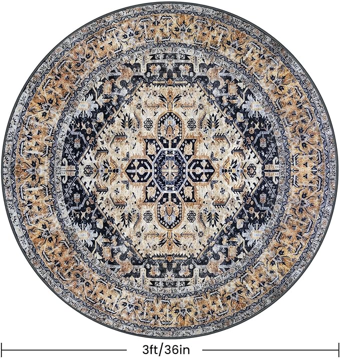 KOZYFLY Boho Round Rug 3 Ft Rugs for Entryway Washable Circle Rug Non Slip Doormat Gold/Orange/Navy Printed Faux Wool Vintage Round Entryway Rug Floor Carpet Round for Bedroom