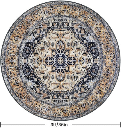 KOZYFLY Boho Round Rug 3 Ft Rugs for Entryway Washable Circle Rug Non Slip Doormat Gold/Orange/Navy Printed Faux Wool Vintage Round Entryway Rug Floor Carpet Round for Bedroom