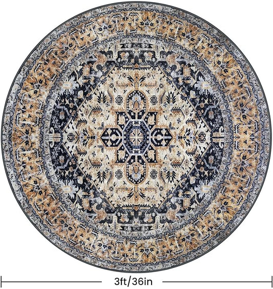 KOZYFLY Boho Round Rug 3 Ft Rugs for Entryway Washable Circle Rug Non Slip Doormat Gold/Orange/Navy Printed Faux Wool Vintage Round Entryway Rug Floor Carpet Round for Bedroom
