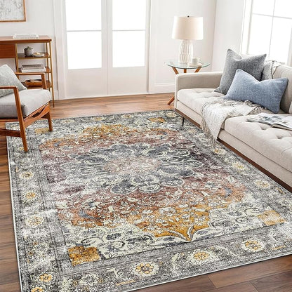 CHAMPLANT Area Rug 9x12 Washable Taupe Vintage Traditional Mat Distressed Indoor Foldable Thin Retro Accent Floral Non Slip Carpet for Living Room Dining Room Office