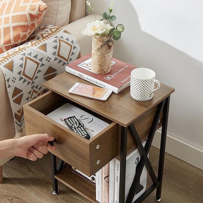 VECELO Night Stand Set of 2, End Tables with Drawer, 2-Tier Bedside Tables with X Shaped, Side Table Stand with Storage Shelf for Living Room/Bedroom,Walnut Brown