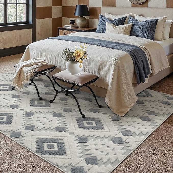 PureCozy Moroccan 5x7 Area Rug for Living Room Blue Grey Washable Checkered Shag Bedroom Carpet Non Slip Soft Neutral Boho Modern Throw Rug for Office Kitchen Dining Room Nursery