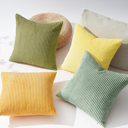 Topfinel Summer Throw Pillows Covers 16x16 Inch Set of 4,Yellow Sage Green Colorful Decorative Vanilla Girl Room Decor Cushion Cases,Couch Sofa Living Room Striped Corduroy Modern Home Decor