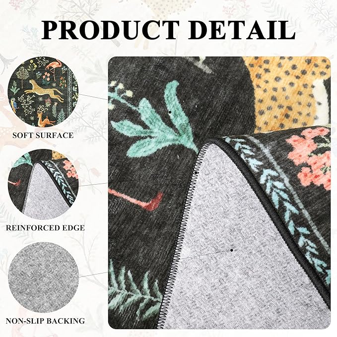 DUKINO 3x4 Washable Entryway Rug, Vintage Animal Ultra Soft Kitchen Area Rug with Non Slip Backing, Low Pile & Stain Resistant Indoor Door Mat for Bathroom, Bedroom, Laundry Room, Office, Black