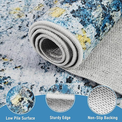 2x5 Runner Rugs for Hallways Kitchen Runner - Washable Runner Rug with Non Slip Rubber Backing, Soft Abstract Carpet Long Hallway Runners for Bedroom, Bathroom, Enterway(Blue)