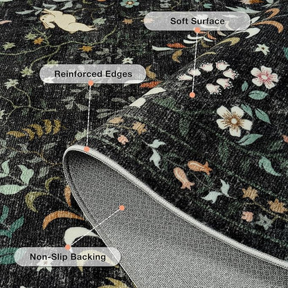 8x10 Area Rugs Washable Rug: Lagre Boho Living Room Rug Soft Non-Slip Thin Carpet Indoor Floor Non-Shedding Neutral Floral Carpets for Bedroom Dining Room Farmhouse Nursery Black