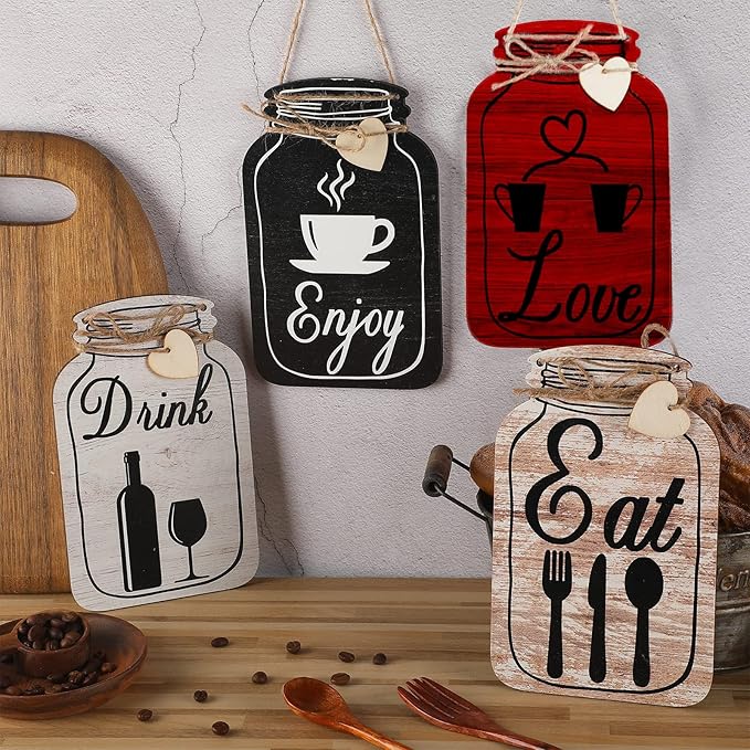 Yalikop 4 Pcs Wooden Kitchen Wall Decor Mason Jar Shaped Eat Drink Enjoy Love Hanging Sign Rustic Home Decor for Farmhouse Dining Room, 8 x 5 Inch(Retro Style,White, Brick Red, Light Brown, Black)