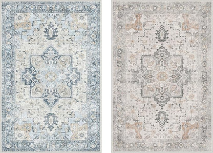 GENIMO 6x9 Reversible Area Rugs for Living Room, Machine Washable Rug with Pad, Non Slip Vintage Rug, Low Pile Lightweight Chenille Print Carpet for Bedroom Dining Room Home Office, Taupe & Blue