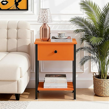 VECELO Nightstands, Modern Bedside End Tables Set of 2, Night Stand with Drawer and Storage Shelf for Living Room Bedroom, Industrial Metal Frame