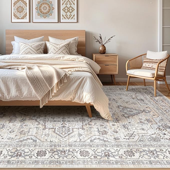 8x10 Area Rugs Living Room: Washable Boho Large Neutral Vintage Soft Rugs Stain Resistant Farmhouse Non Slip Indoor Floor Carpet for Bedroom Nursery Kids Playroom Office Dining Room Home- Ivory Gray
