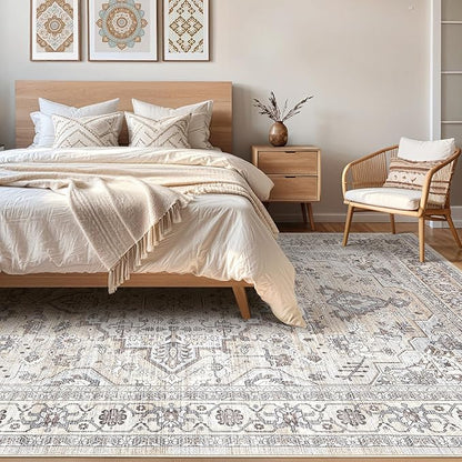 8x10 Area Rugs Living Room: Washable Boho Large Neutral Vintage Soft Rugs Stain Resistant Farmhouse Non Slip Indoor Floor Carpet for Bedroom Nursery Kids Playroom Office Dining Room Home- Ivory Gray